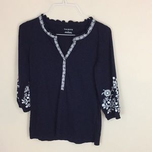 Talbots Navy Cotton Knit Embroidered Peasant Shirt Top Size Small